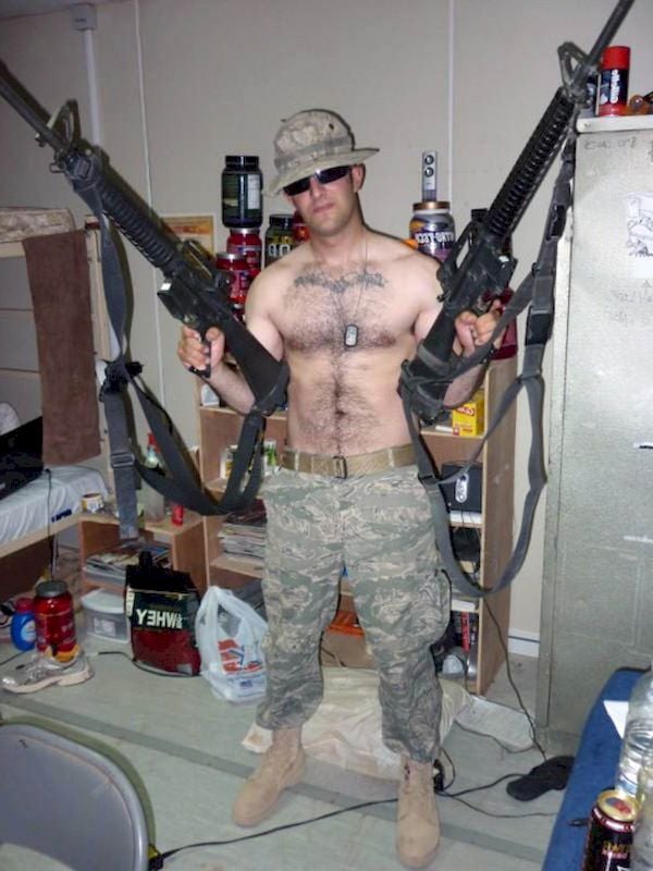 Hairy naked muscled soldier